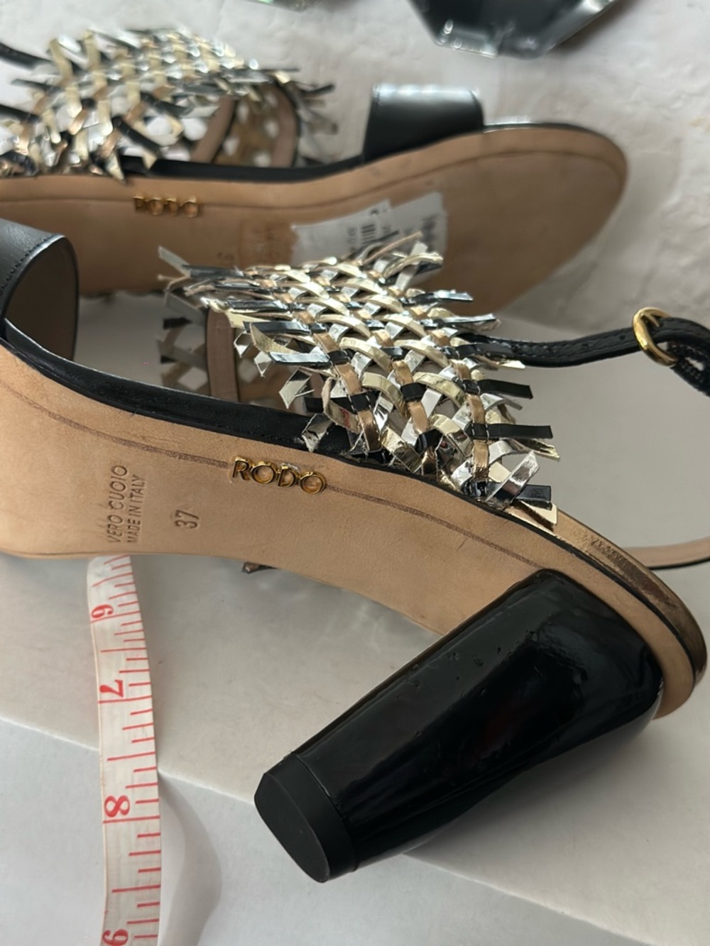 Rodo Black Heeled Sandals with Silver Metallic Fringe - Picture 5 of 10